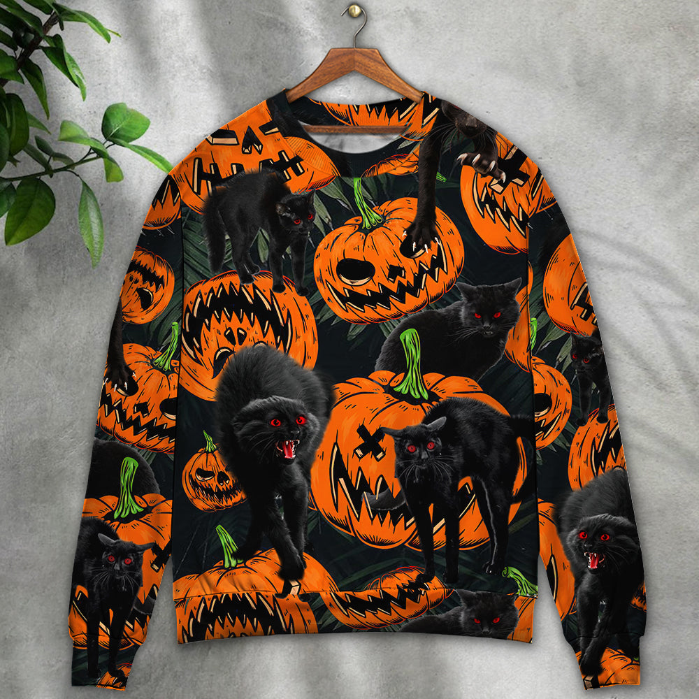 Halloween Black Cat Pumpkin Tropical Sweater For Art Fans Travel Parties And Distinctive Casual Style