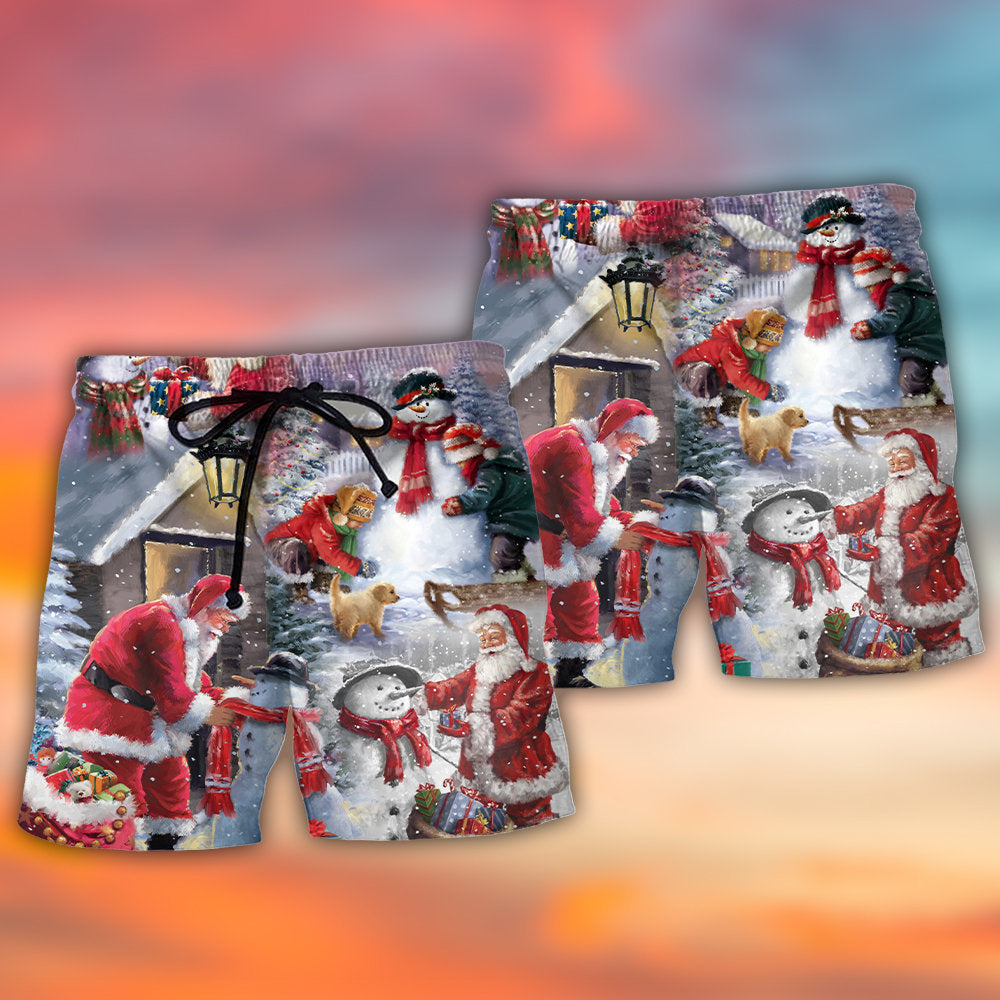 Santa Builds Snowman Gift Beach Shorts Pattern Detail For Sunny Outdoor Activities
