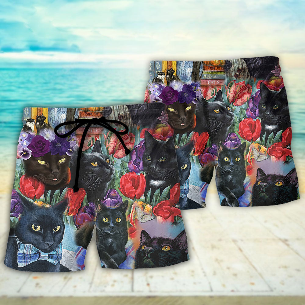 Black Cat Floral Artistic Beach Shorts For Tropical Getaways And Weekend Adventures