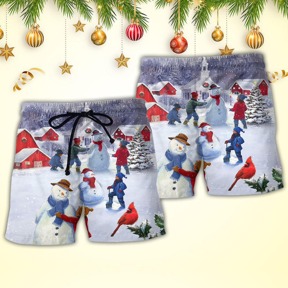 Christmas Children And Snowman In Town Beach Shorts Design Detail For Coastal Escapes And Daily Wear