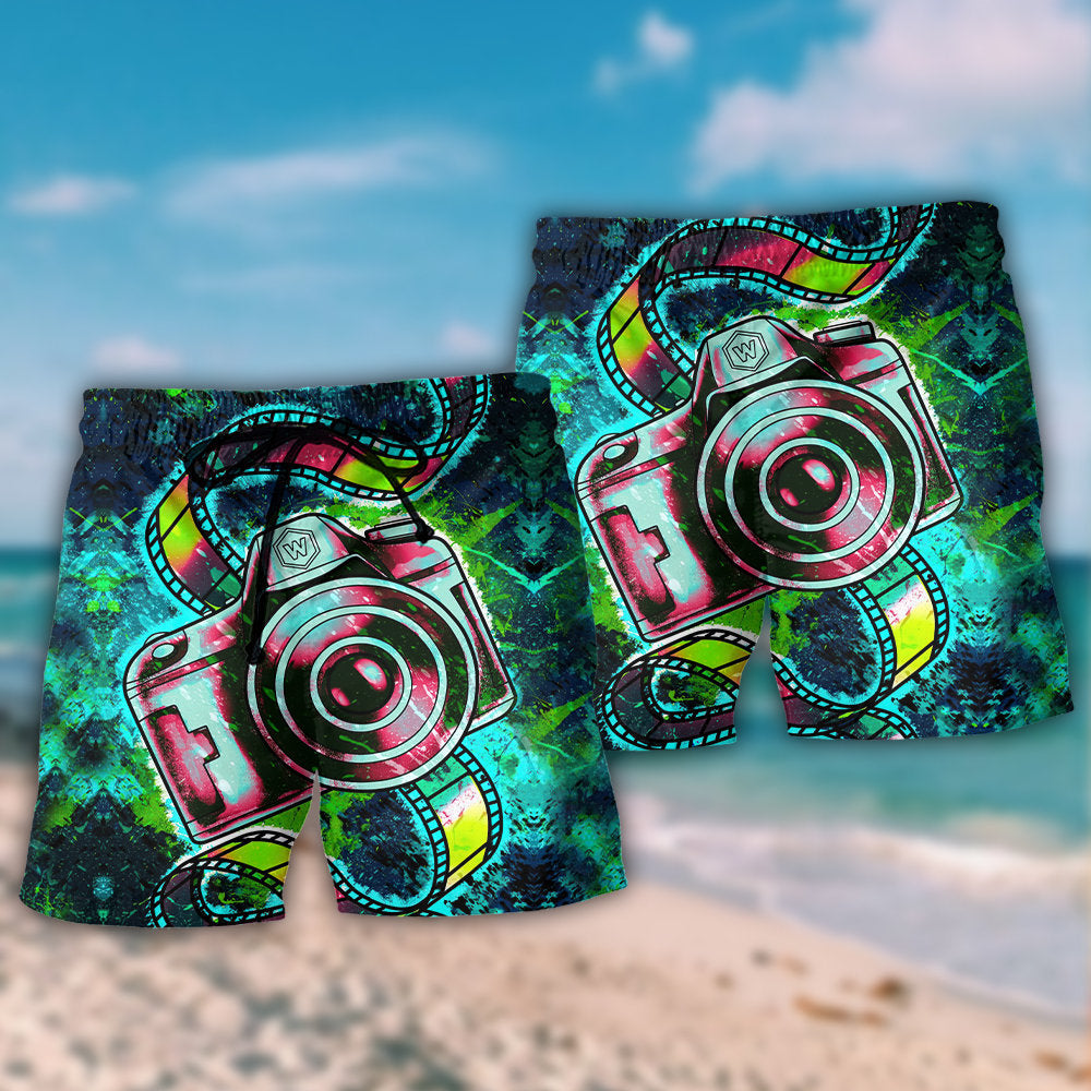 Abstract Colorful Retro Camera Beach Shorts For Summer Vacation And Coastal Travel