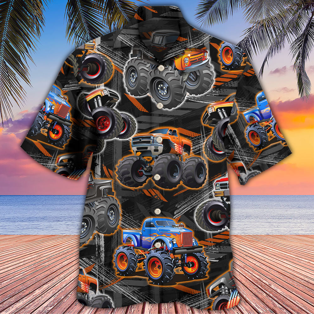 Monster Truck Racing Hawaiian Shirt Graphic Artwork Detail For Resort Wear
