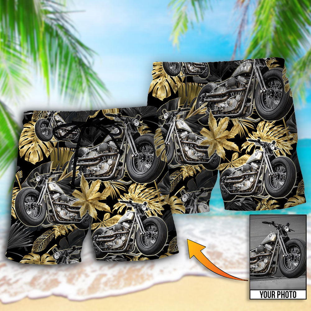 Bobber Motorcycle Tropical Style Personalized Photo Beach Shorts Design View For Poolside Relaxation And Holiday Trips