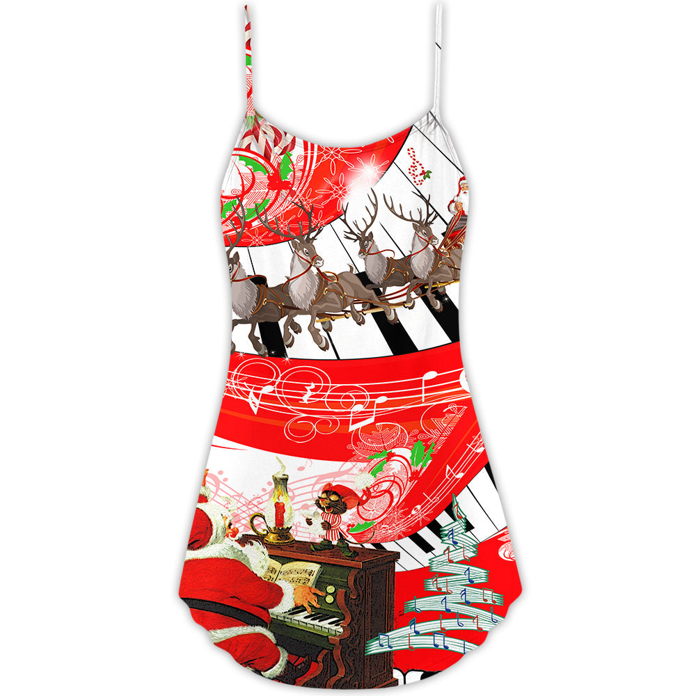 Christmas Love Music Happy Life V-Neck Sleeveless Cami Dress For Festive Events And Casual Summer Styling