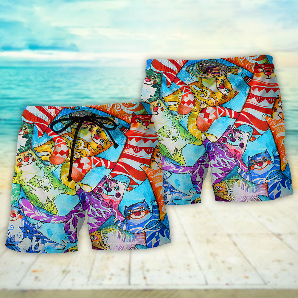 Cat And Fish Funny Friendship Beach Shorts Design Detail For Weekend Getaways And Beach Days