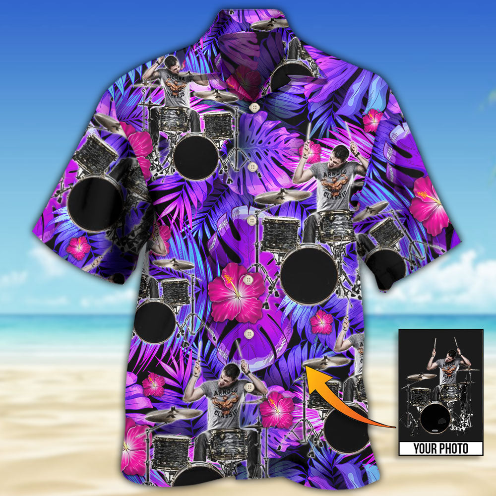 Purple Tropical Drum Custom Photo Hawaiian Shirt Pattern Detail For Vacation Travel And Daily Wear