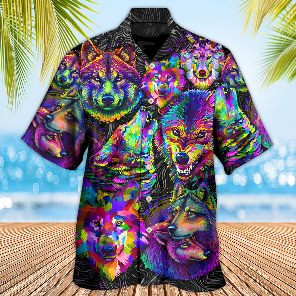 Fantasy Colorful Neon Wolf Hawaiian Shirt Creative Print View For Vacation Style