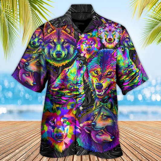 Fantasy Colorful Neon Wolf Hawaiian Shirt Creative Print View For Vacation Style