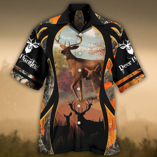 Hunting Deer Orange Camo Outdoor Hawaiian Shirt Front Pattern View For Tropical Vacations