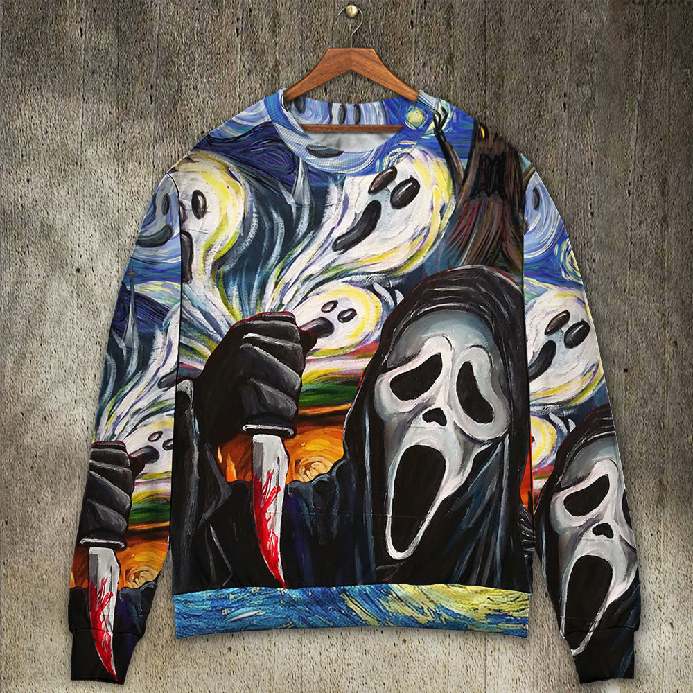 Halloween Ghost Starry Night Sweater For Art Fans Travel Parties And Distinctive Casual Style