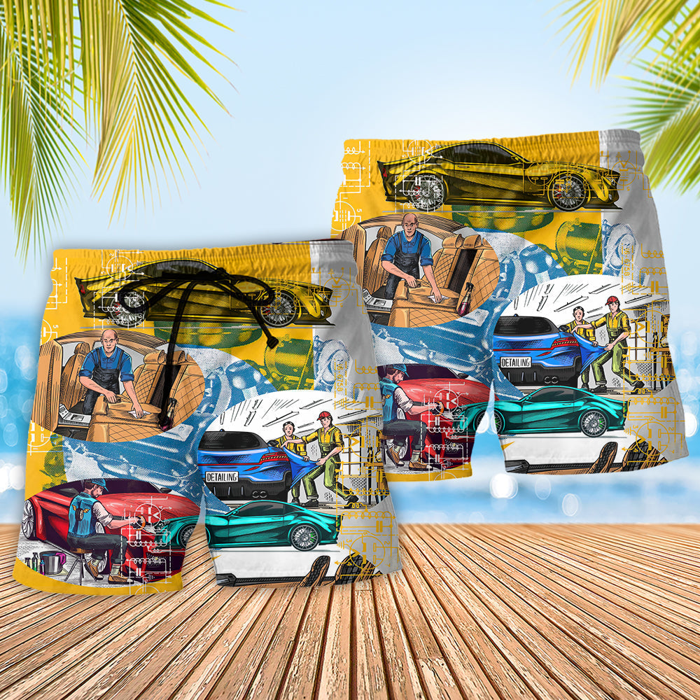 Auto Detailing Car Service Beach Shorts Pattern Detail For Holiday Travel And Weekend Casual Style