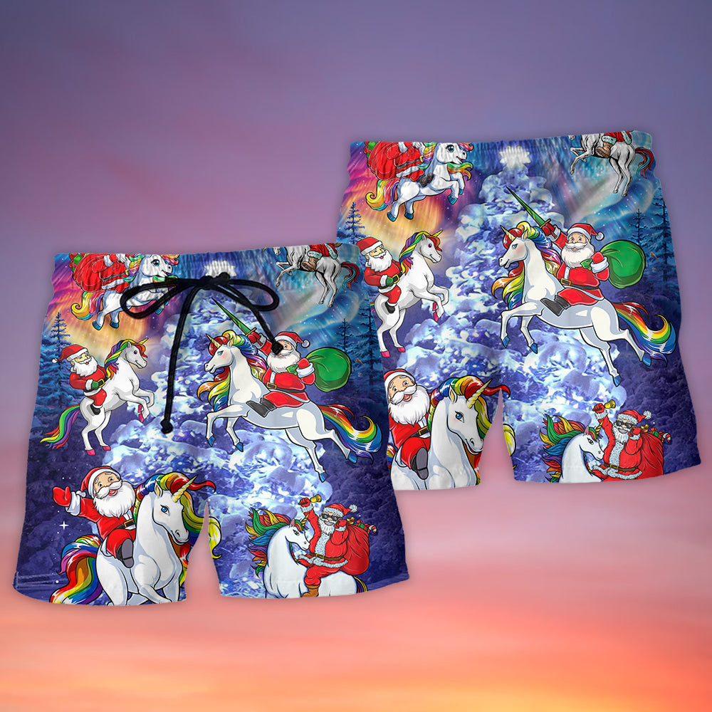 Santa Riding Unicorn In Snowy Mountains Beach Shorts Pattern Detail For Sunny Outdoor Activities