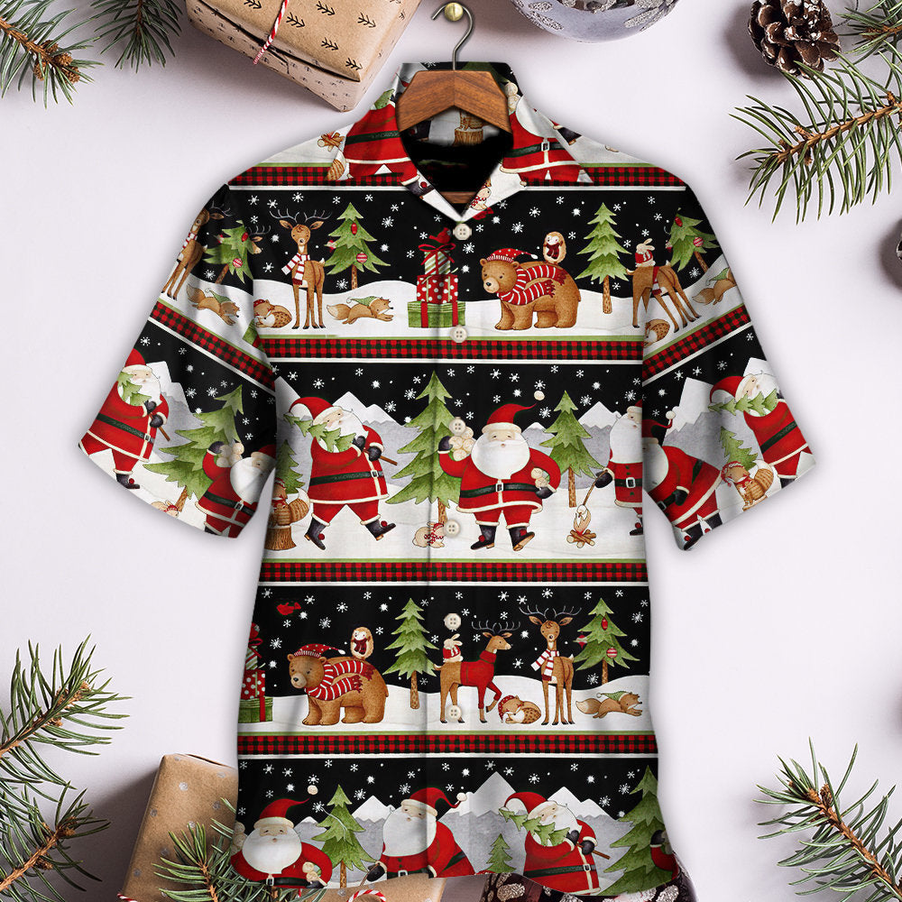 Christmas Santa Reindeer Bear Hawaiian Shirt Creative Print View For Casual Outings