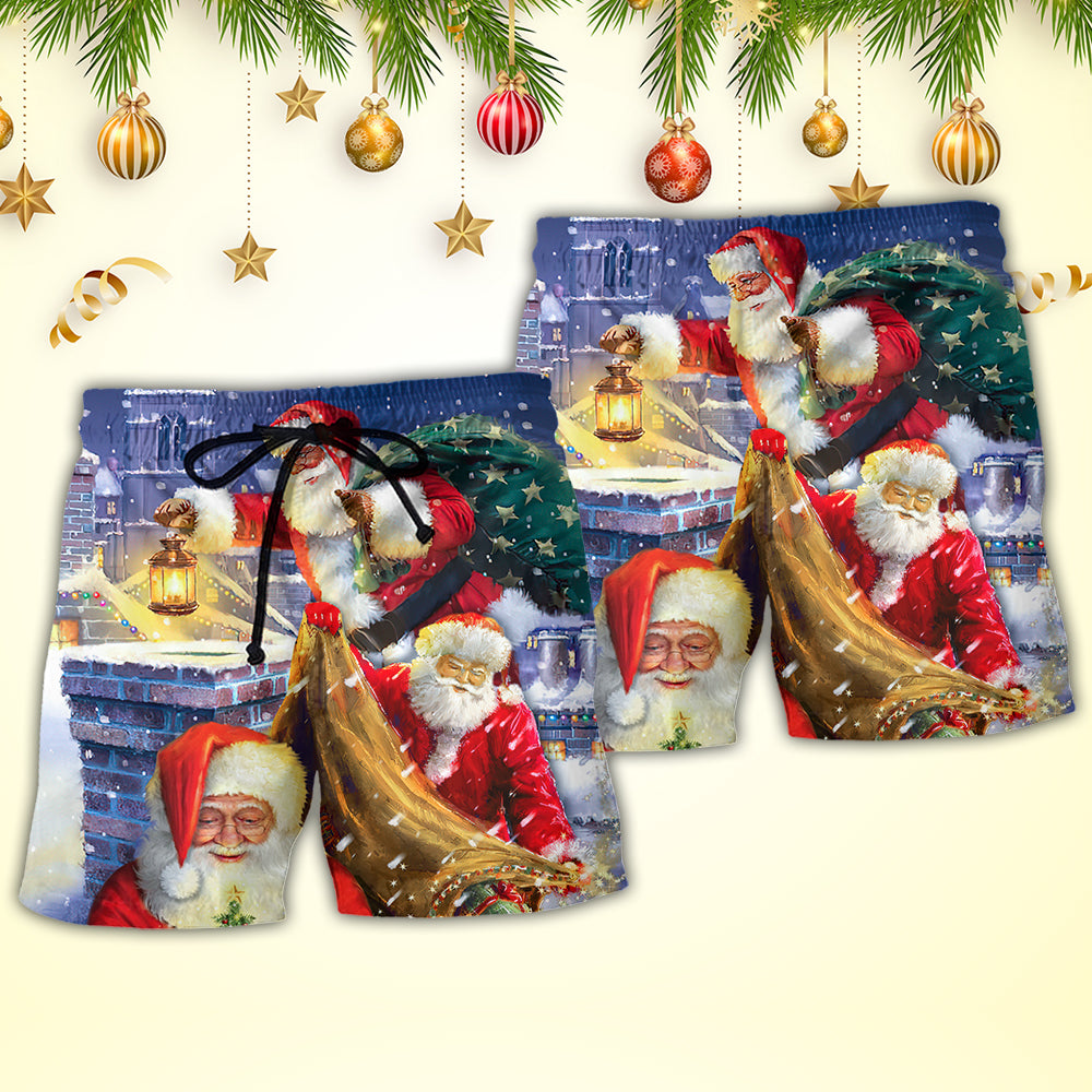 Funny Santa Rooftop Holiday Beach Shorts Artwork Detail For Tropical Travel And Everyday Wear
