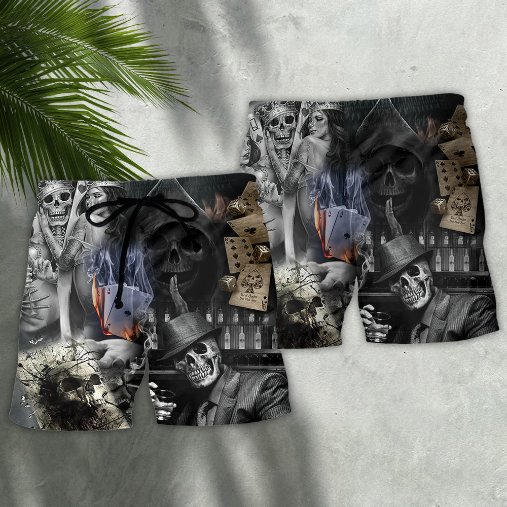 Skull Gambling Game Begins Beach Shorts Pattern View For Bold Warm Weather Outfits