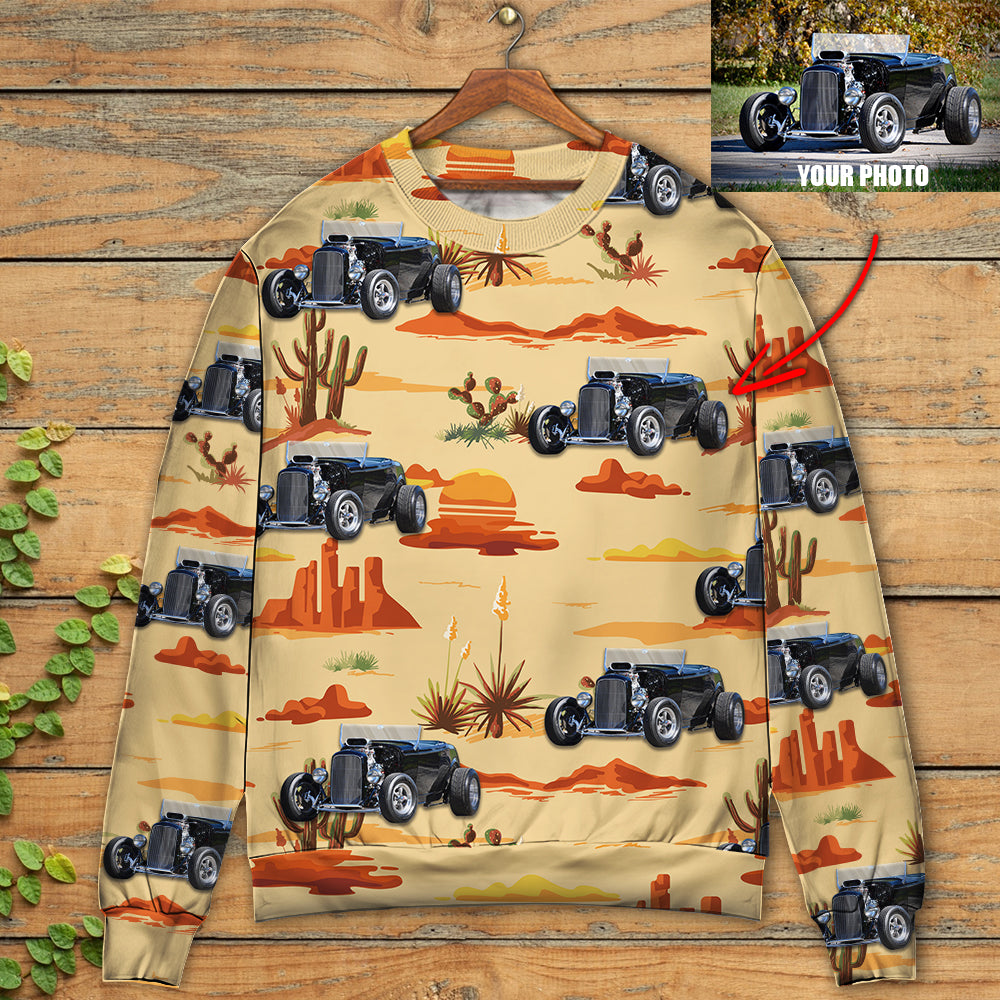 Hot Rod Vintage Cowboy Landscape Sweater For Automotive Fans Travel Events And Relaxed Casual Wear