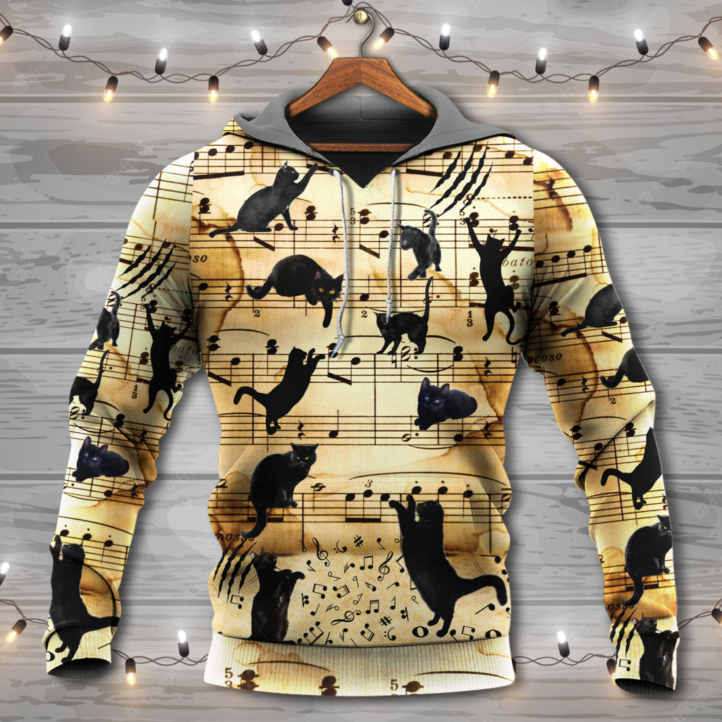 Black Cat Music Note Love Hoodie For Festival Outfits Music Events And Relaxed Daily Style