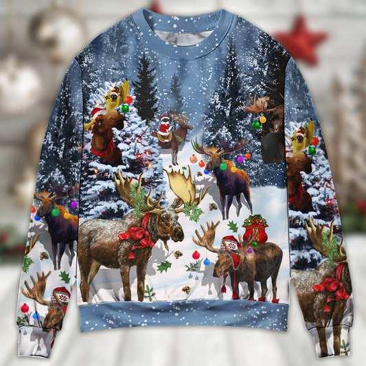 Moose Merry Christmas Snow Scene Sweater For Festive Family Events Casual Wear And Holiday Gift Giving