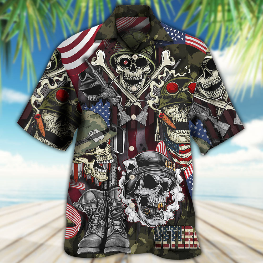 Veteran Skull Military Tribute Hawaiian Shirt Tropical Styling View For Outdoor Gatherings