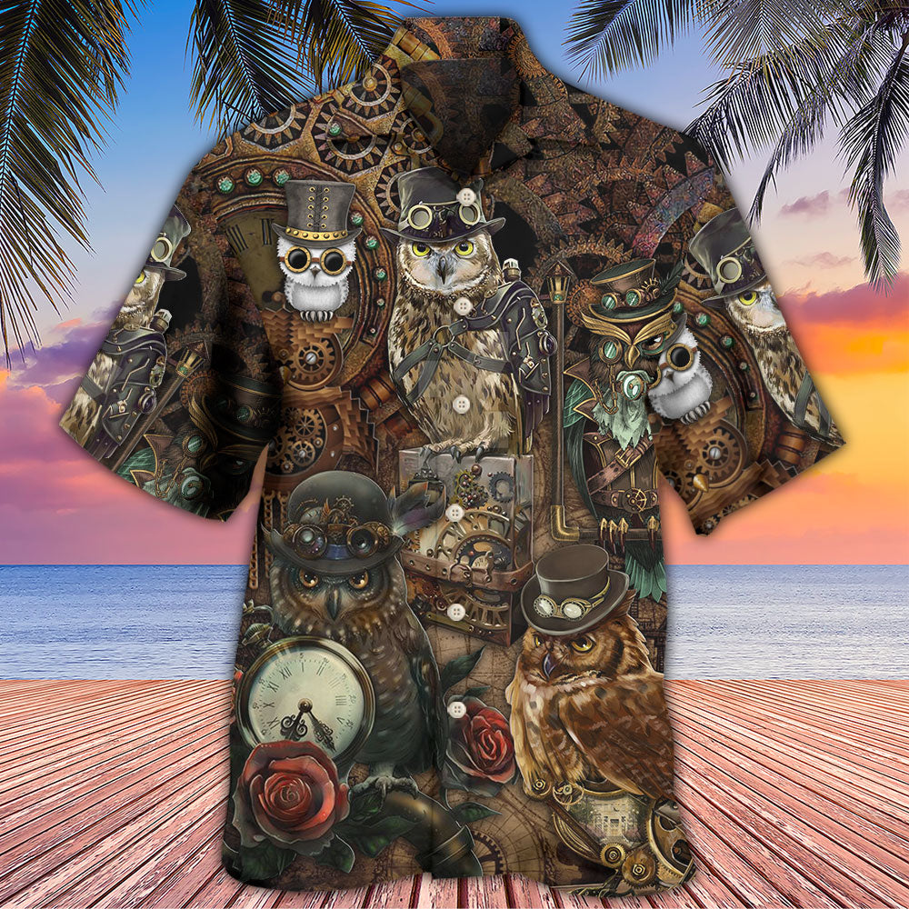 Retro Steampunk Owl Mechanical Hawaiian Shirt Front Pattern View For Casual Outings