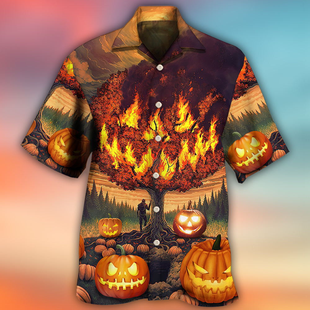 Halloween Burning Pumpkin Crazy Hawaiian Shirt Fabric Pattern Detail For Vacation Style