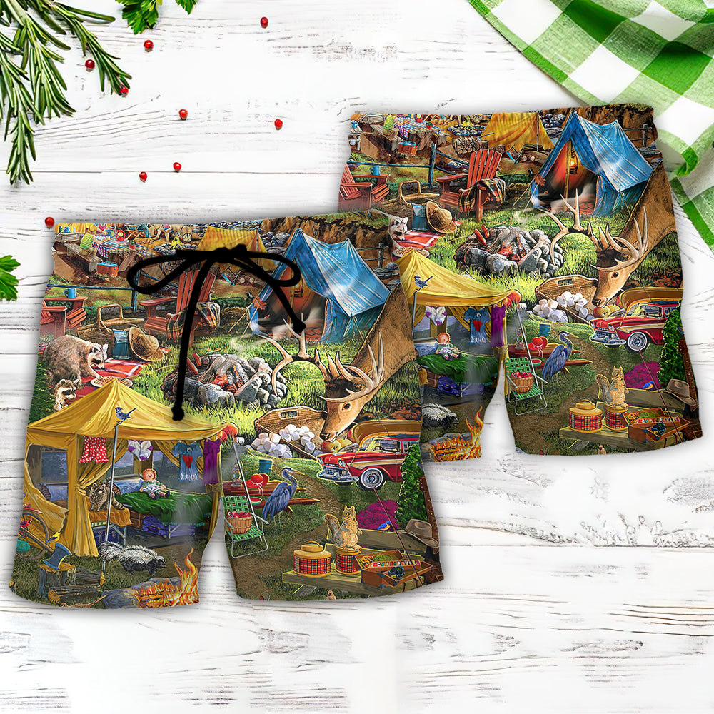 Camping Glamping Tent Family Picnic Beach Shorts Pattern View For Relaxed Vacation Styling