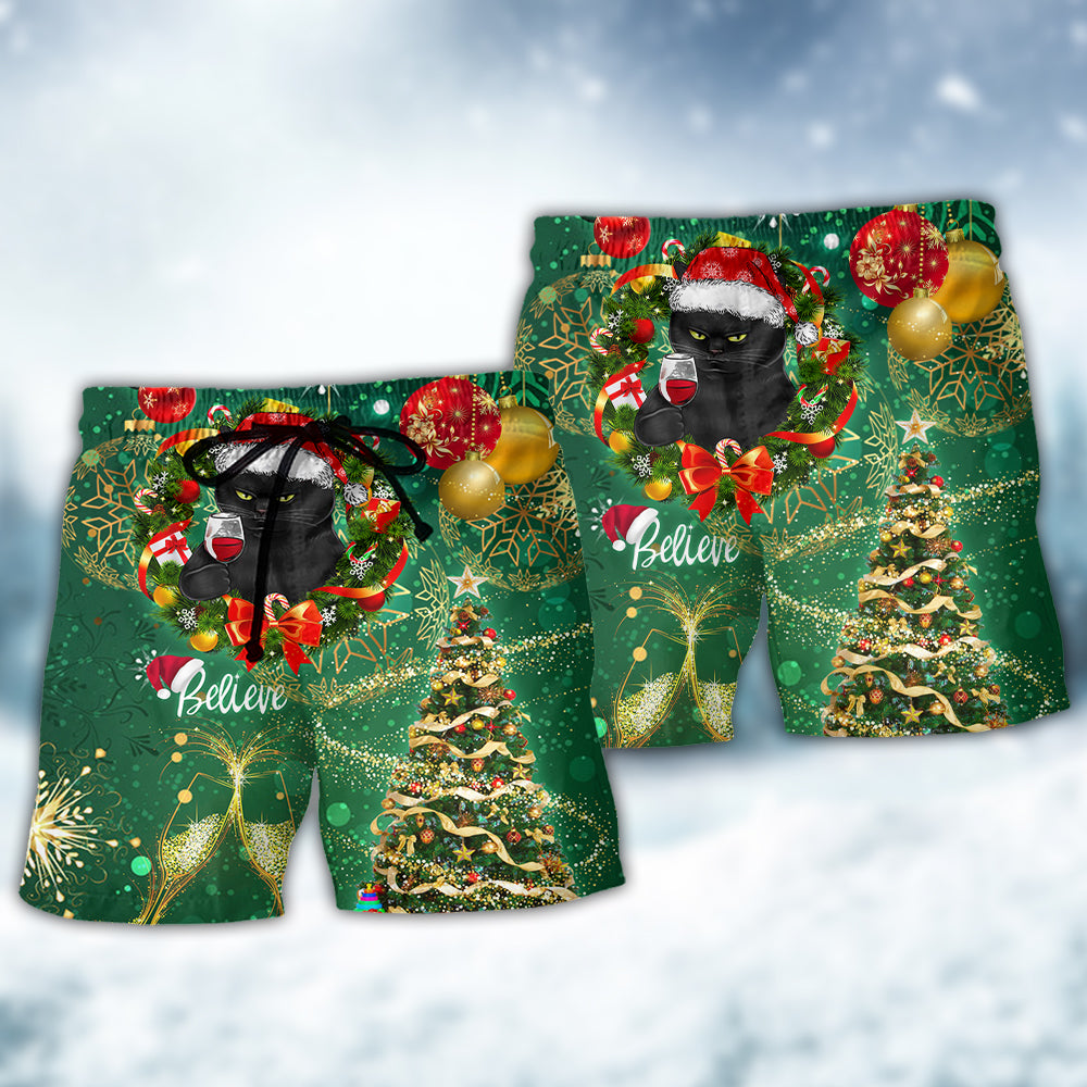 Black Cat Christmas Lights Festive Beach Shorts Pattern View For Resort Days And Outdoor Activities