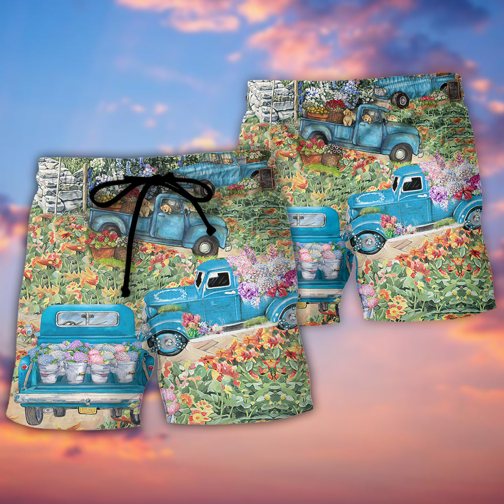 Floral Truck Beach Shorts Pattern Detail For Summer Travel And Versatile Outdoor Wear