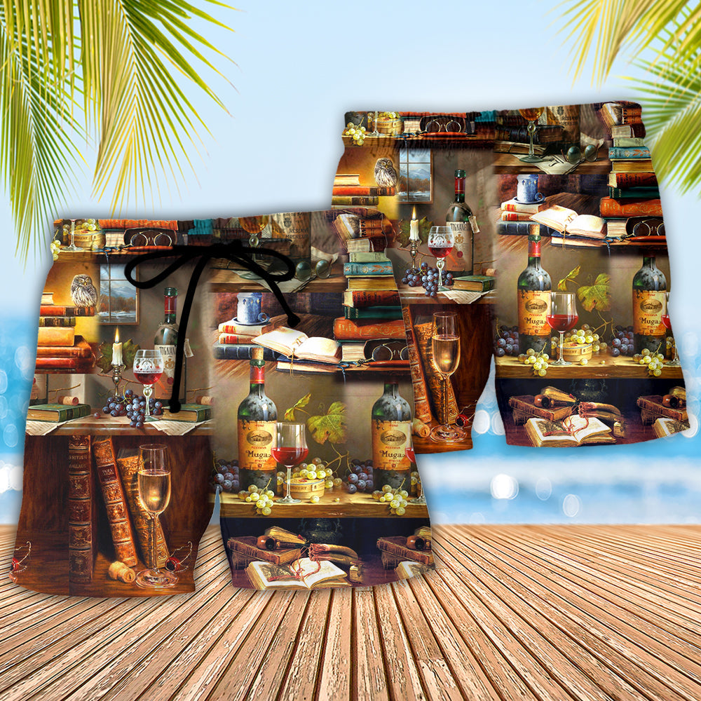 Book Lover Fine Drink Wine Theme Beach Shorts For Summer Parties And Vacation Wear