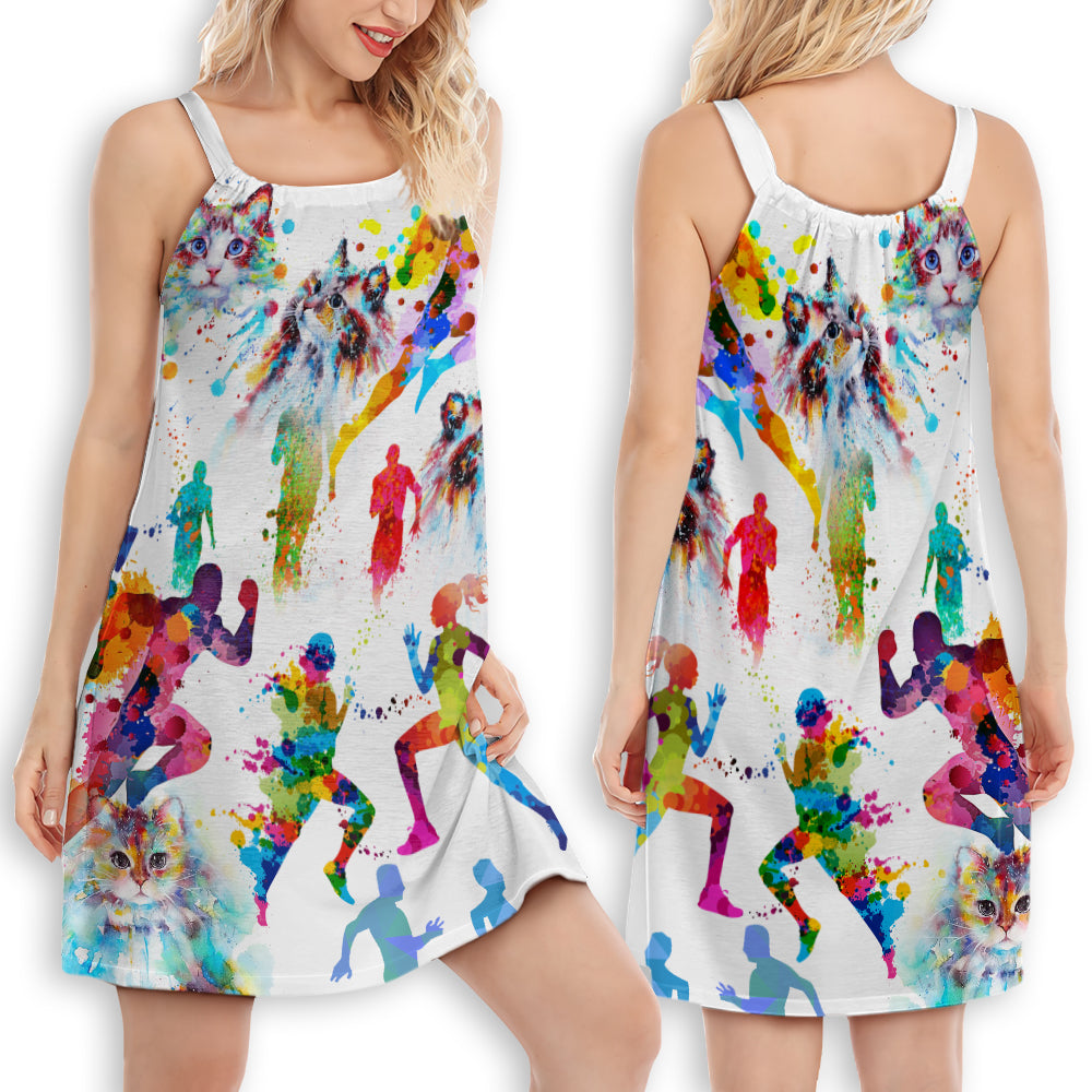 Cat Running Companion V-Neck Sleeveless Cami Dress For Vacations And Playful Everyday Style