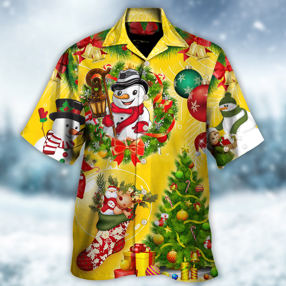 Funny Happy Yellow Snowman Christmas Tree Light Hawaiian Shirt For Coastal Adventures And Warm Weather Wear