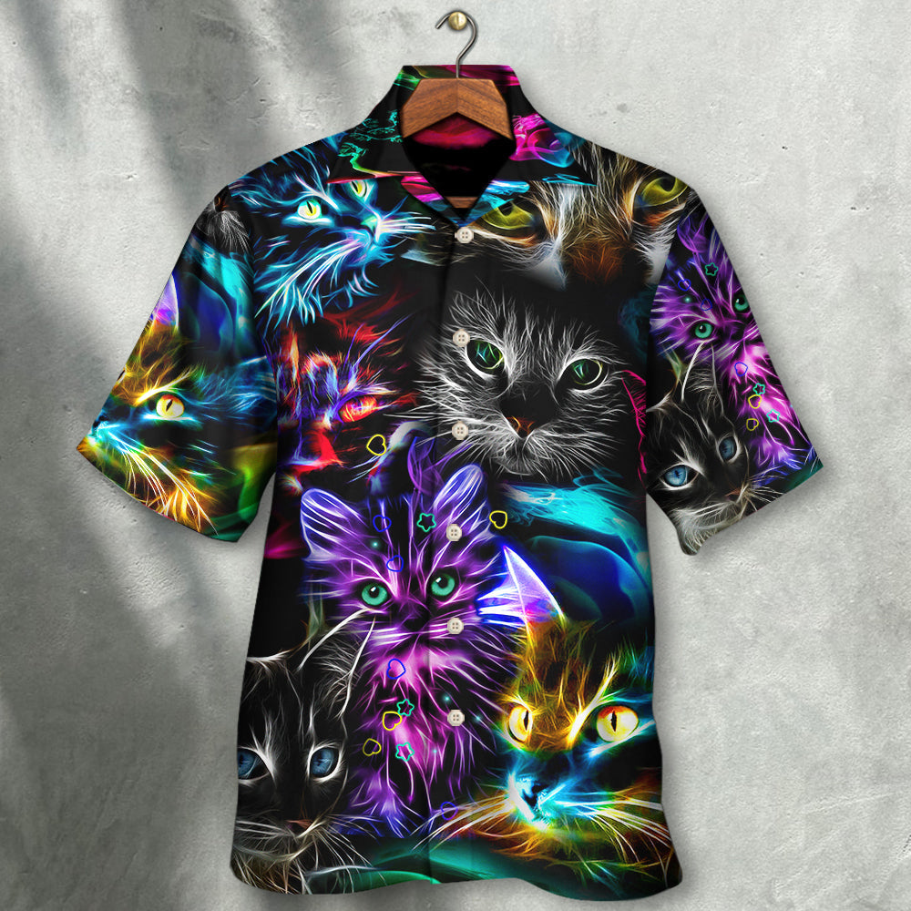 Funny Neon Colorful Cat Light Hawaiian Shirt Design View For Casual Summer Styling
