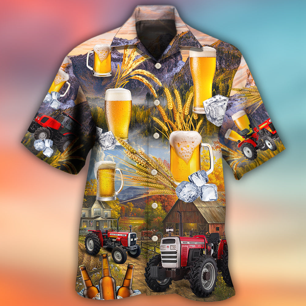 Autumn Beer Tractor Farm Hawaiian Shirt Fabric Pattern Detail For Island Holidays
