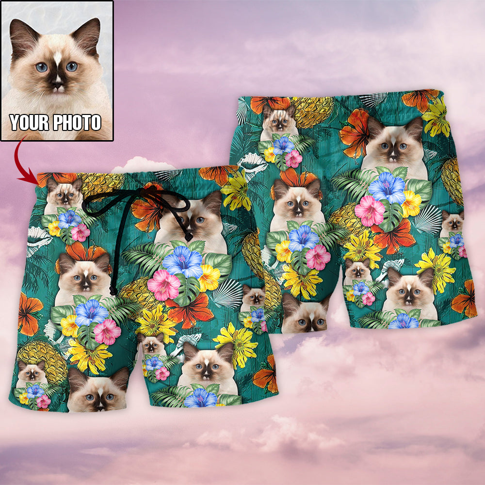Cat Tropical Lover Various Style Personalized Photo Beach Shorts For Beach Trips And Relaxed Vacation Styling