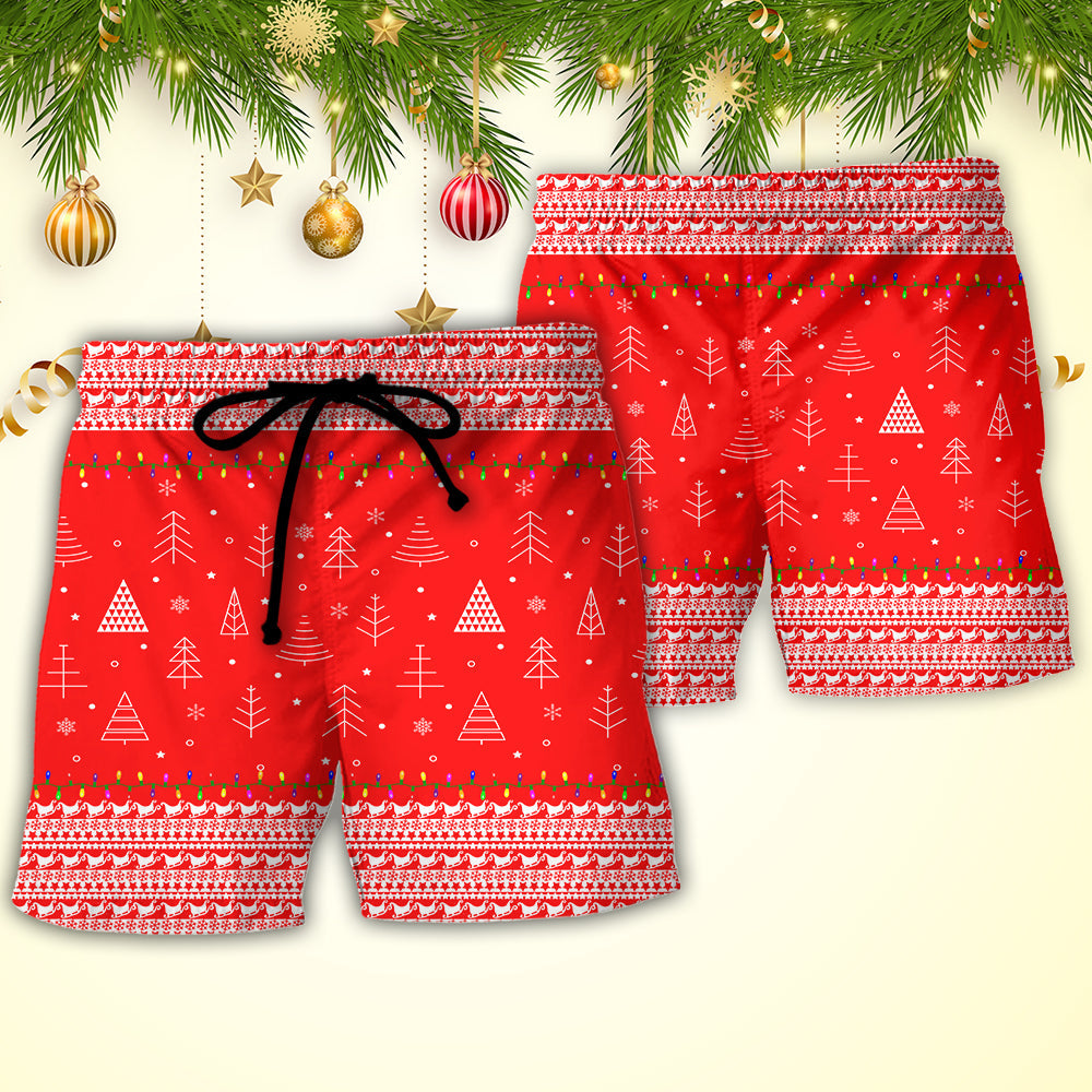 Christmas Red Cat Tree Beach Shorts Pattern Detail For Summer Travel And Bright Seasonal Outfits