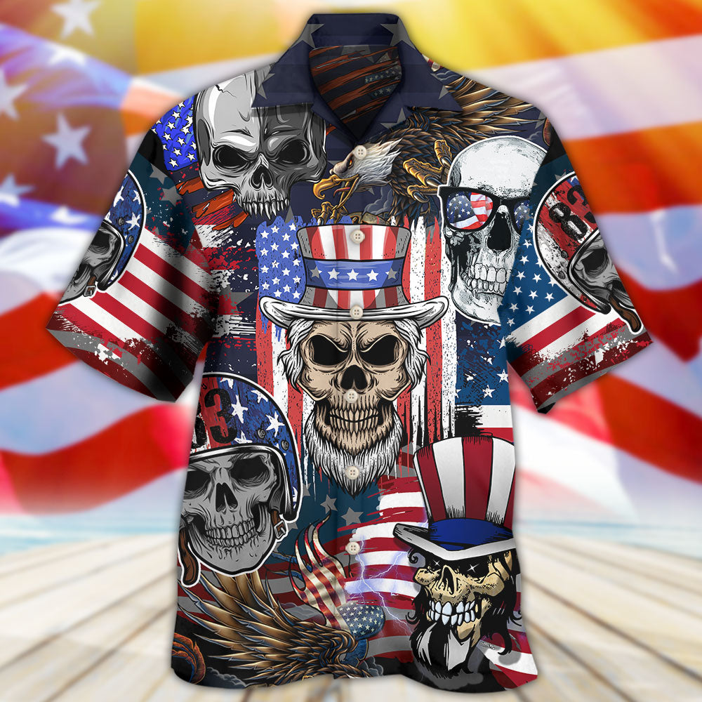 Skull Independence Day US Flag Hawaiian Shirt Pattern View For Relaxed Warm Weather Outfits