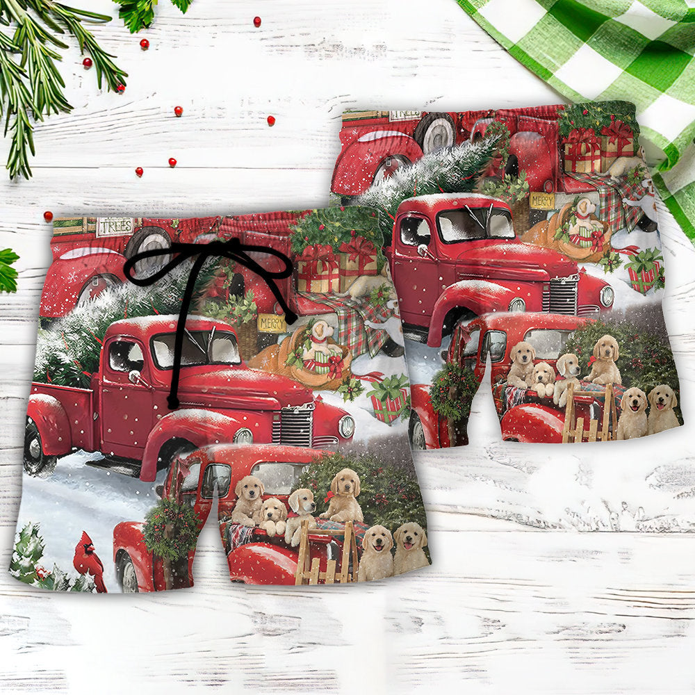 Christmas Red Truck Tree And Puppy Beach Shorts For Holiday Beach Days