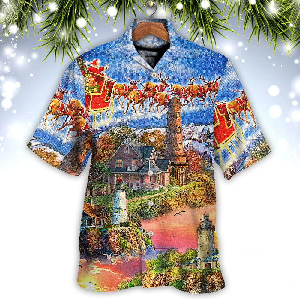 Lighthouse Christmas Santa Shine Hawaiian Shirt Artwork View For Weekend Travel And Beach Style