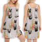 Cat Tropical Floral Siamese V-Neck Sleeveless Cami Dress For Tropical Parties And Casual Everyday Style