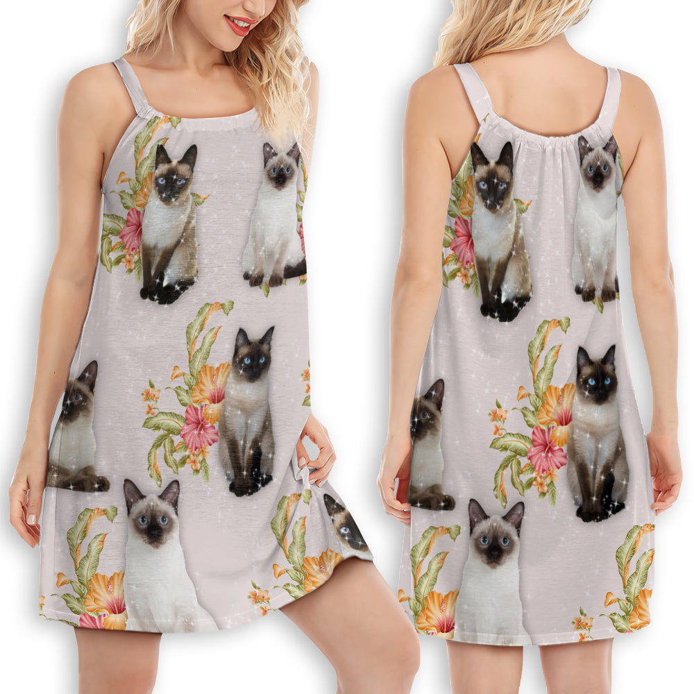 Cat Tropical Floral Siamese V-Neck Sleeveless Cami Dress For Tropical Parties And Casual Everyday Style