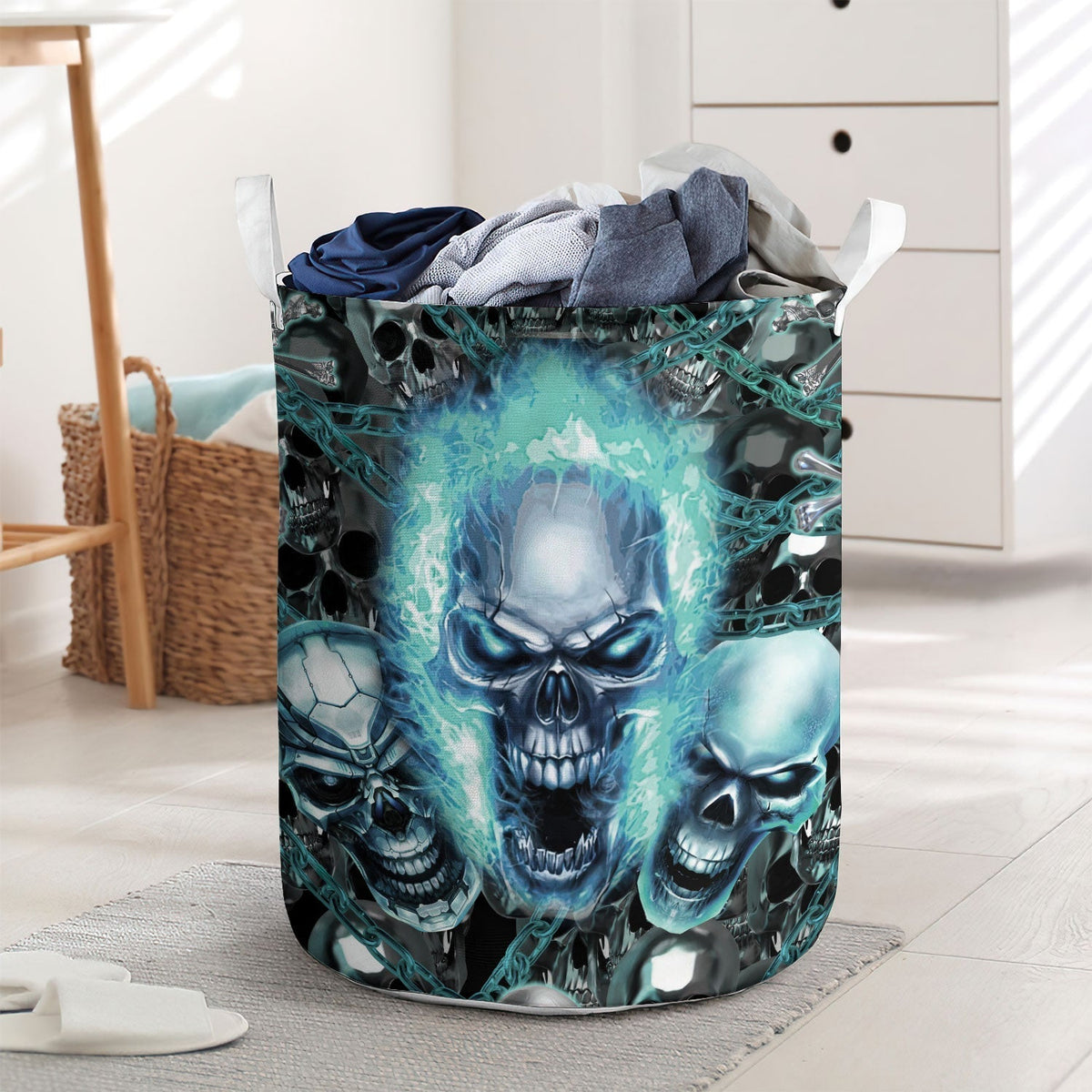 Skull Blue Flame Screaming Laundry Basket For Room Home Organizer