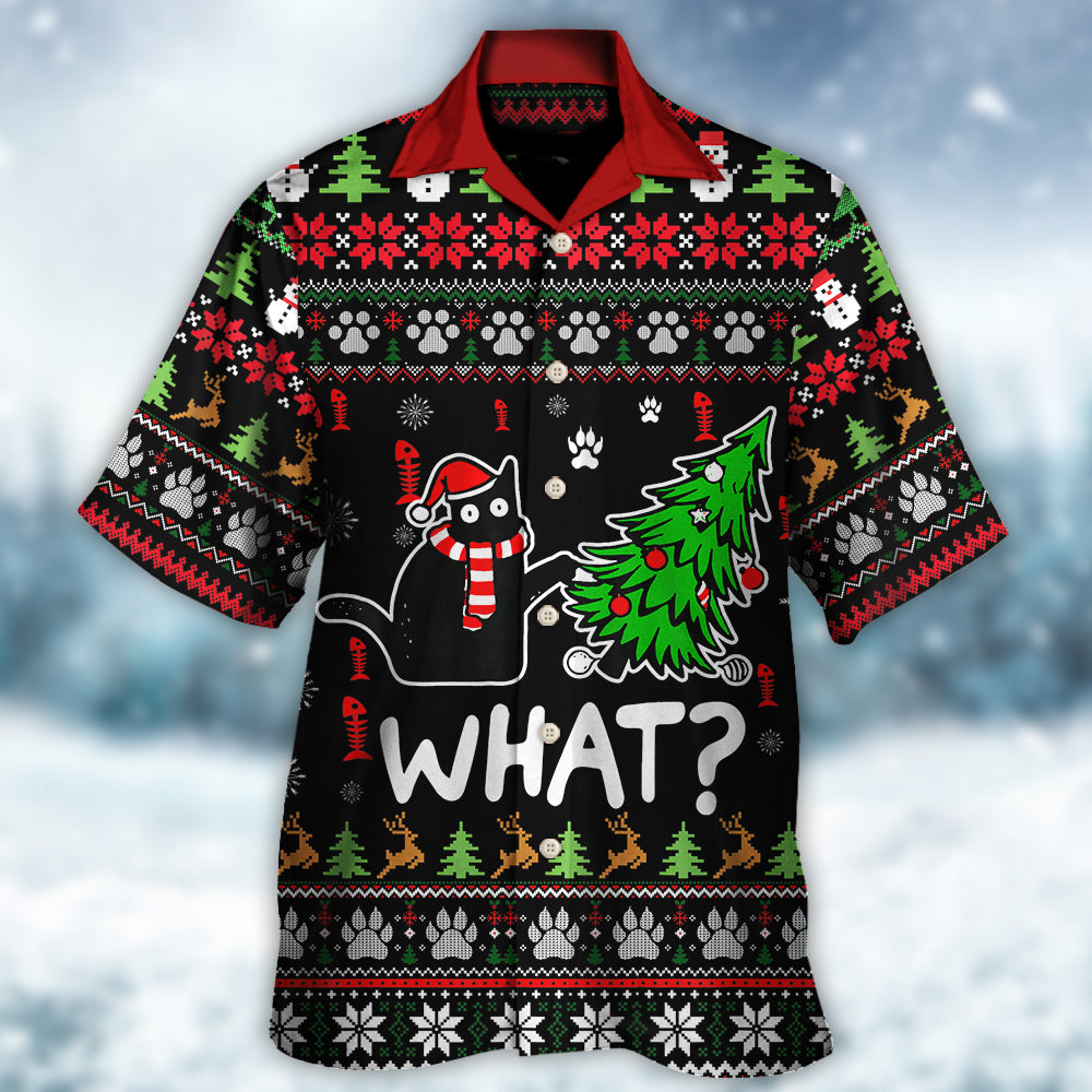 Black Funny Cat Wreck Tree Ugly Christmas Hawaiian Shirt For Resort Getaways And Comfortable Summer Activities