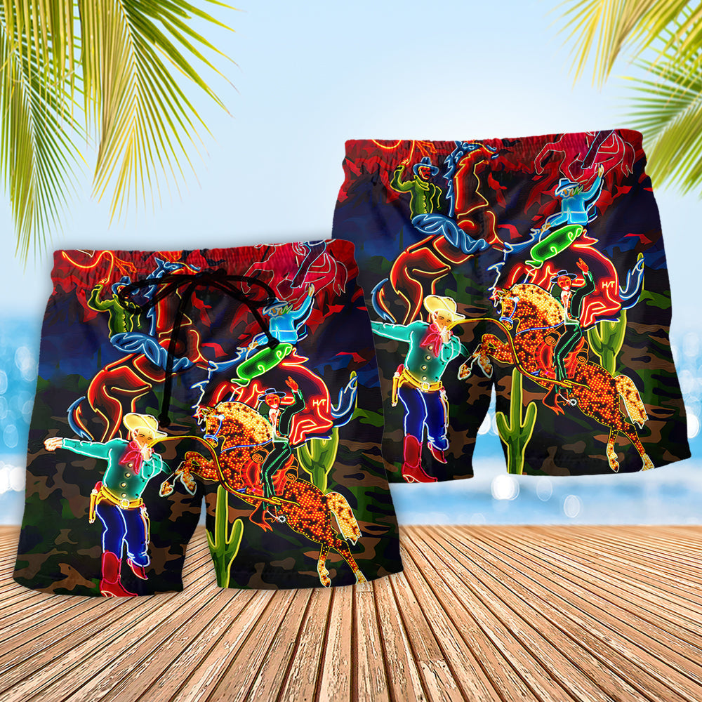 Cowboy Riding Horse Neon Desert Beach Shorts For Summer Vacation And Coastal Travel