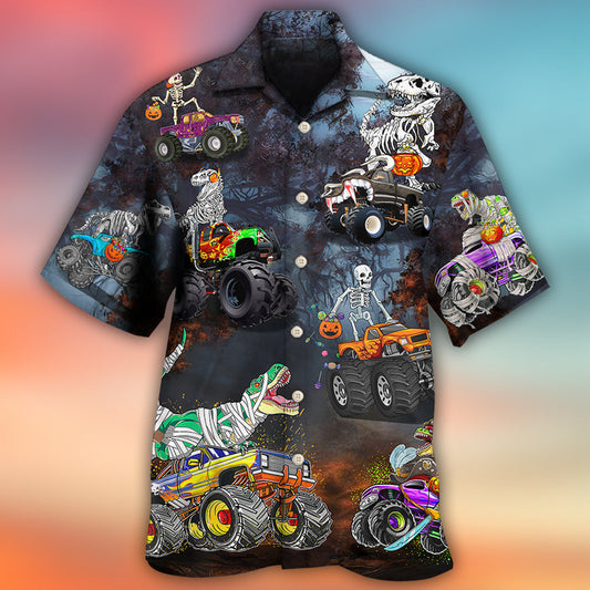 Dinosaur Skeleton Driving Monster Truck Hawaiian Shirt Pattern Detail For Summer Holidays And Outdoor Fun