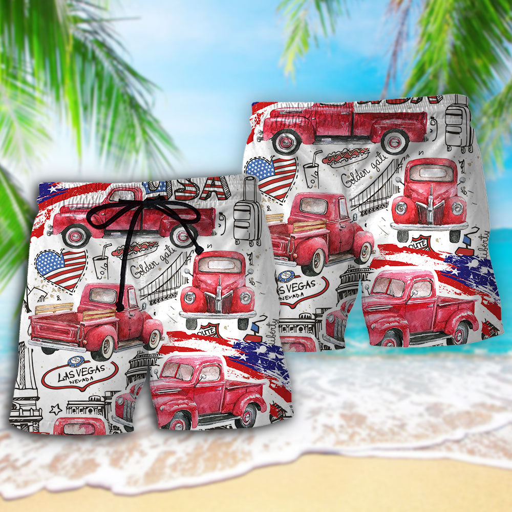 Red Truck US Flag Independence Day Beach Shorts Graphic Detail For Resort Trips And Casual Outings