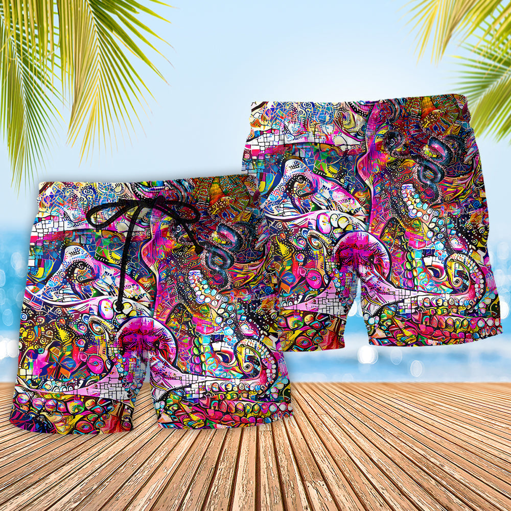 Whimsical Psychedelic Octopus Beach Shorts Pattern View For Coastal Holidays And Casual Activities