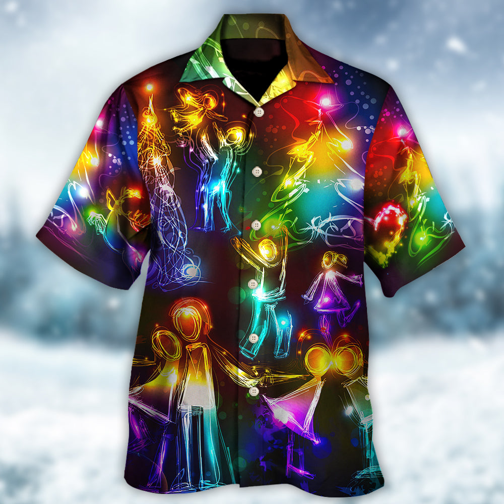 Happy Neon Christmas Family Tree Light Hawaiian Shirt For Beach Parties And Weekend Getaways