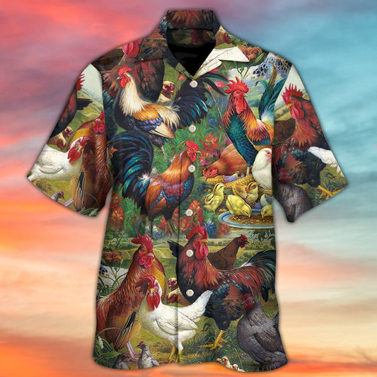 Retro Chicken Farm Background Hawaiian Shirt Design Detail For Beach Days And Holiday Travel