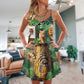 Cat And Tiger Tropical Leaves V-Neck Sleeveless Cami Dress For Vacations And Casual Warm Weather Wear
