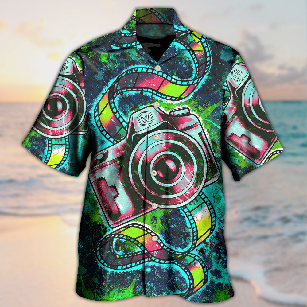 Retro Abstract Colorful Camera Hawaiian Shirt All Over Print Detail For Coastal Travel